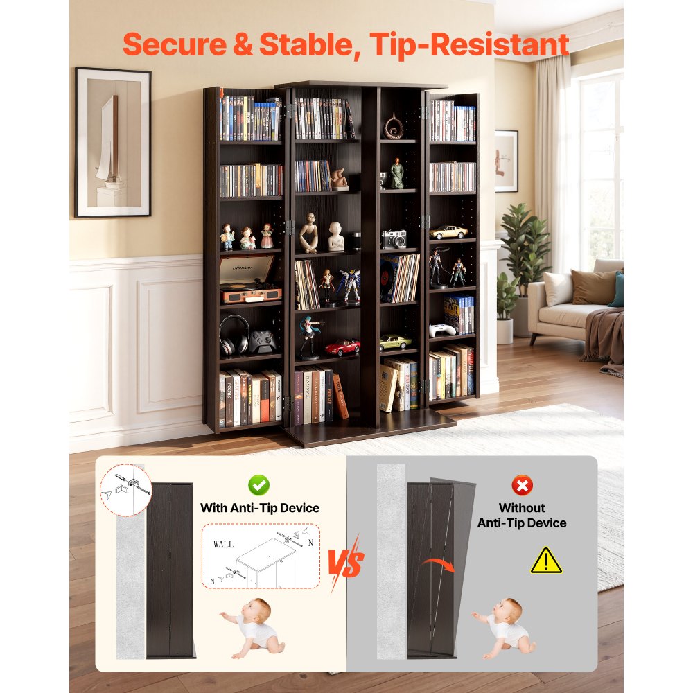 VEVOR Media Storage Cabinet, 6-Tier DVD Shelf Organizer, 24.02 x 14.49 x 50 in Multimedia Storage Organizer for CDs, DVDs, Books, Games, CD Shelf for Living Room, Home Office, Recording Room, Brown