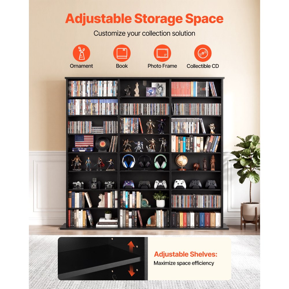 VEVOR Media Storage Cabinet, 8-Tier DVD Shelf Organizer, 55.91 x 8.66 x 51.18 in Multimedia Storage Organizer for CDs, DVDs, Books & Games, CD Shelf for Living Room, Home Office, Recording Room, Black