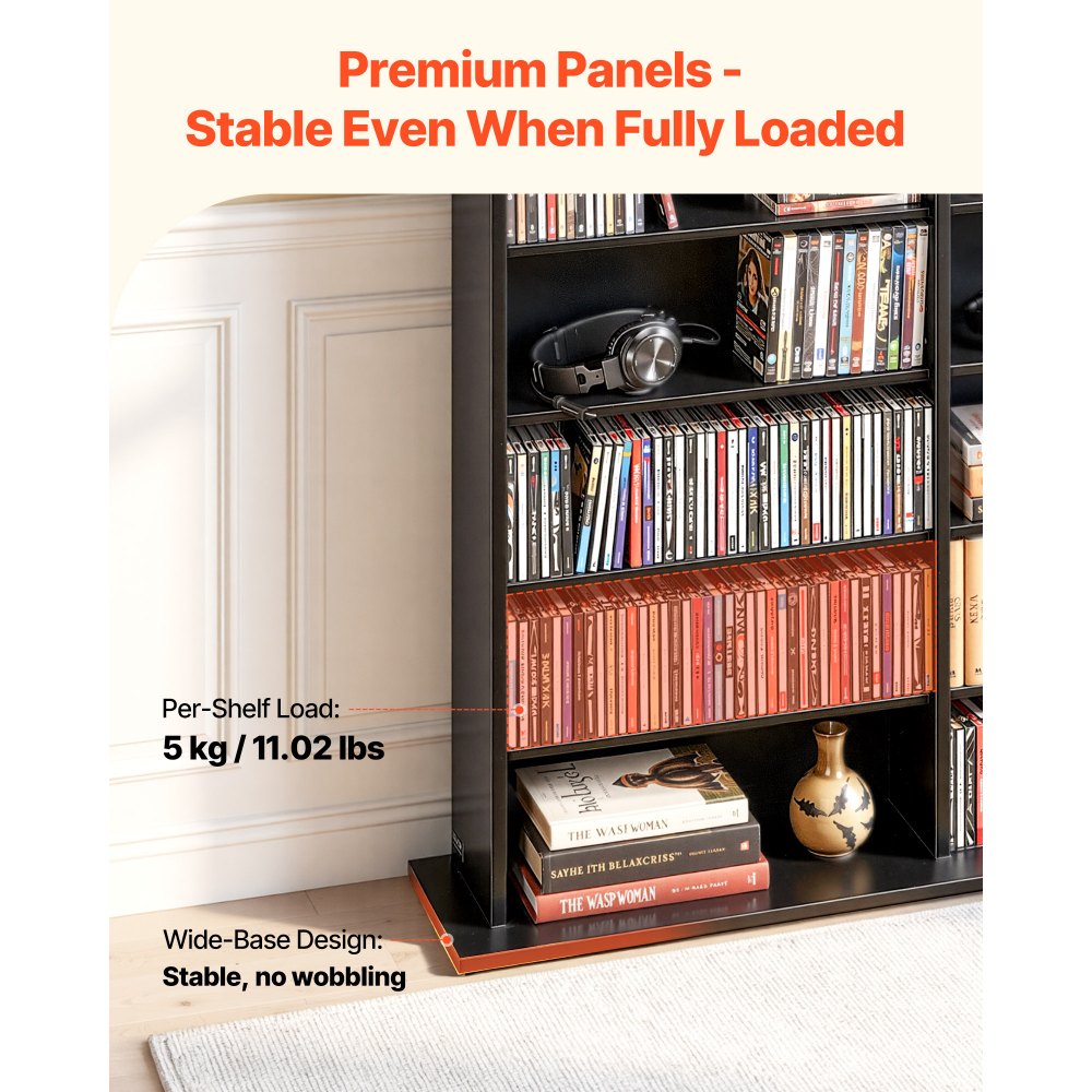 VEVOR Media Storage Cabinet, 8-Tier DVD Shelf Organizer, 55.91 x 8.66 x 51.18 in Multimedia Storage Organizer for CDs, DVDs, Books & Games, CD Shelf for Living Room, Home Office, Recording Room, Black