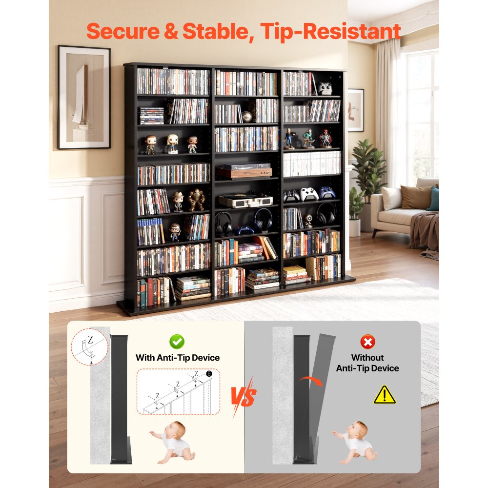 VEVOR Media Storage Cabinet, 8-Tier DVD Shelf Organizer, 55.91 x 8.66 x 51.18 in Multimedia Storage Organizer for CDs, DVDs, Books & Games, CD Shelf for Living Room, Home Office, Recording Room, Black