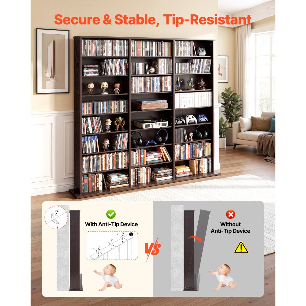VEVOR Media Storage Cabinet, 8-Tier DVD Shelf Organizer, 55.91 x 8.66 x 51.18 in Multimedia Storage Organizer for CDs, DVDs, Books & Games, CD Shelf for Living Room, Home Office, Recording Room, Brown