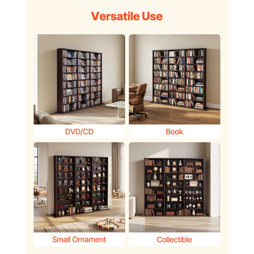VEVOR Media Storage Cabinet, 8-Tier DVD Shelf Organizer, 55.91 x 8.66 x 51.18 in Multimedia Storage Organizer for CDs, DVDs, Books & Games, CD Shelf for Living Room, Home Office, Recording Room, Brown