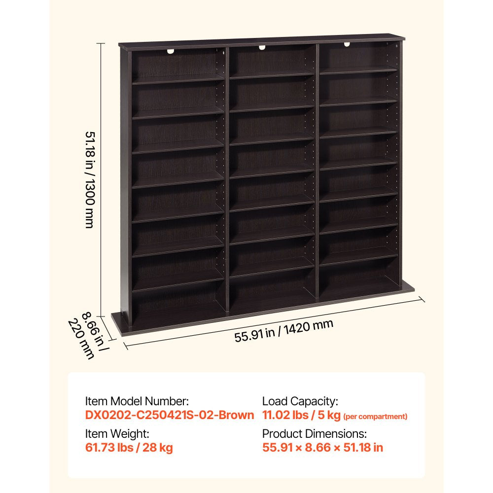 VEVOR Media Storage Cabinet, 8-Tier DVD Shelf Organizer, 55.91 x 8.66 x 51.18 in Multimedia Storage Organizer for CDs, DVDs, Books & Games, CD Shelf for Living Room, Home Office, Recording Room, Brown