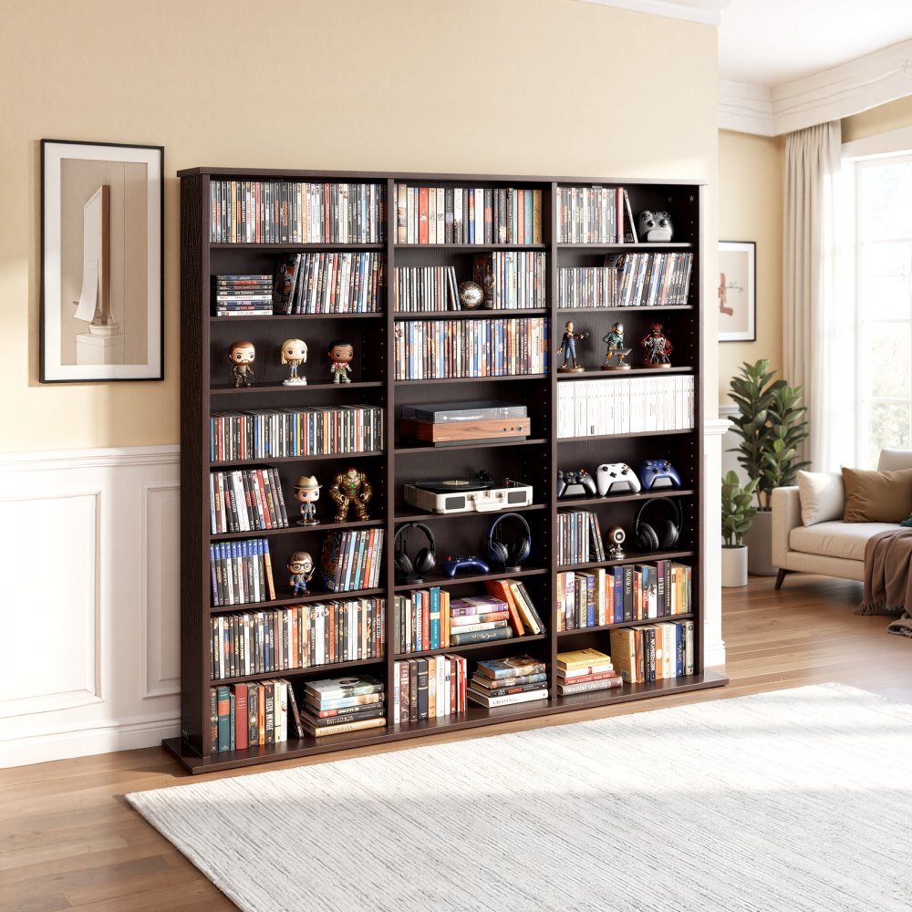 VEVOR Media Storage Cabinet, 8-Tier DVD Shelf Organizer, 55.91 x 8.66 x 51.18 in Multimedia Storage Organizer for CDs, DVDs, Books & Games, CD Shelf for Living Room, Home Office, Recording Room, Brown