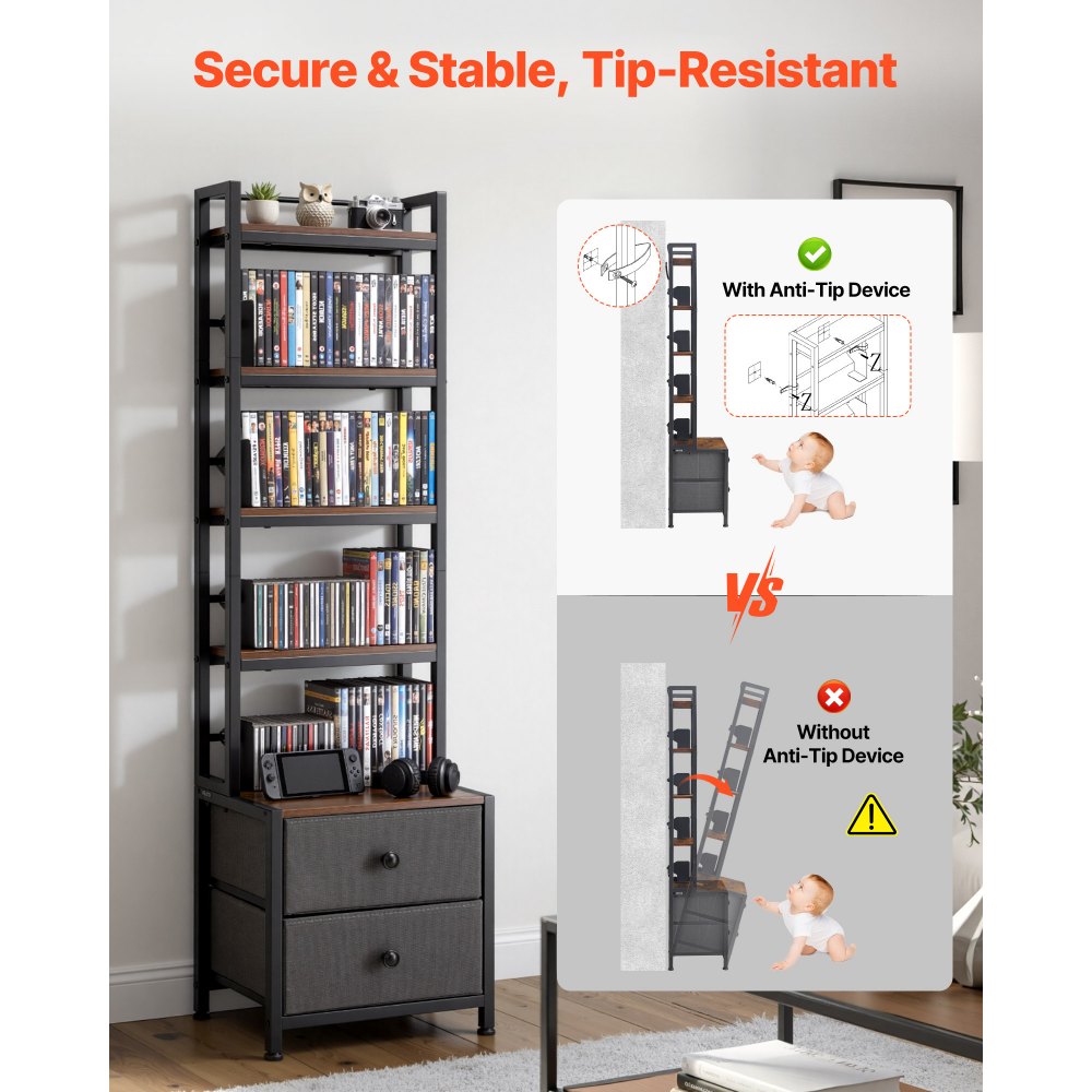 VEVOR Media Storage Cabinet, 4-Shelf DVD Shelf Organizer with Drawers, 15.75 x 11.81 x 56.50 in Multimedia Storage Organizer for CDs, DVDs, Books and Games, CD Cabinet for Living Room, Home Office