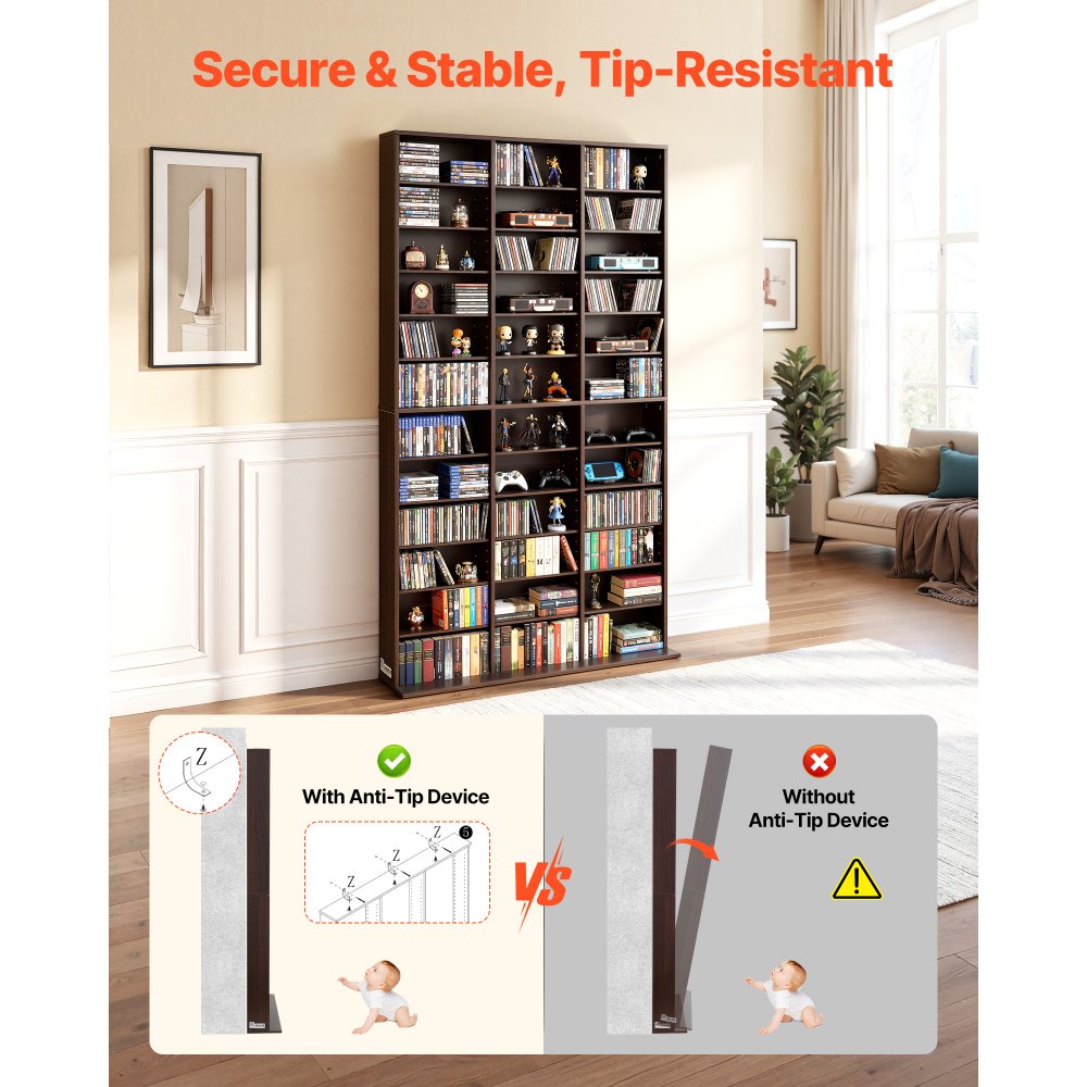 VEVOR Media Storage Cabinet, 12-Tier DVD Shelf Organizer, 40.08 x 9.09 x 71.26 in Multimedia Storage Organizer for CDs, DVDs, Books and Games, CD Shelf for Living Room, Home Office, Recording Room