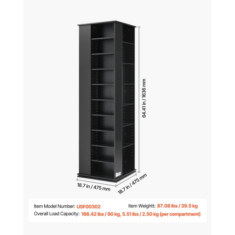 VEVOR Media Storage Cabinet, CD Rack Tower, 34 Compartments Rotating Media Tower Rack for CDs, DVDs, Books and Game Discs, DVD Stand for Living Room, Home Office and Recording Room, Black