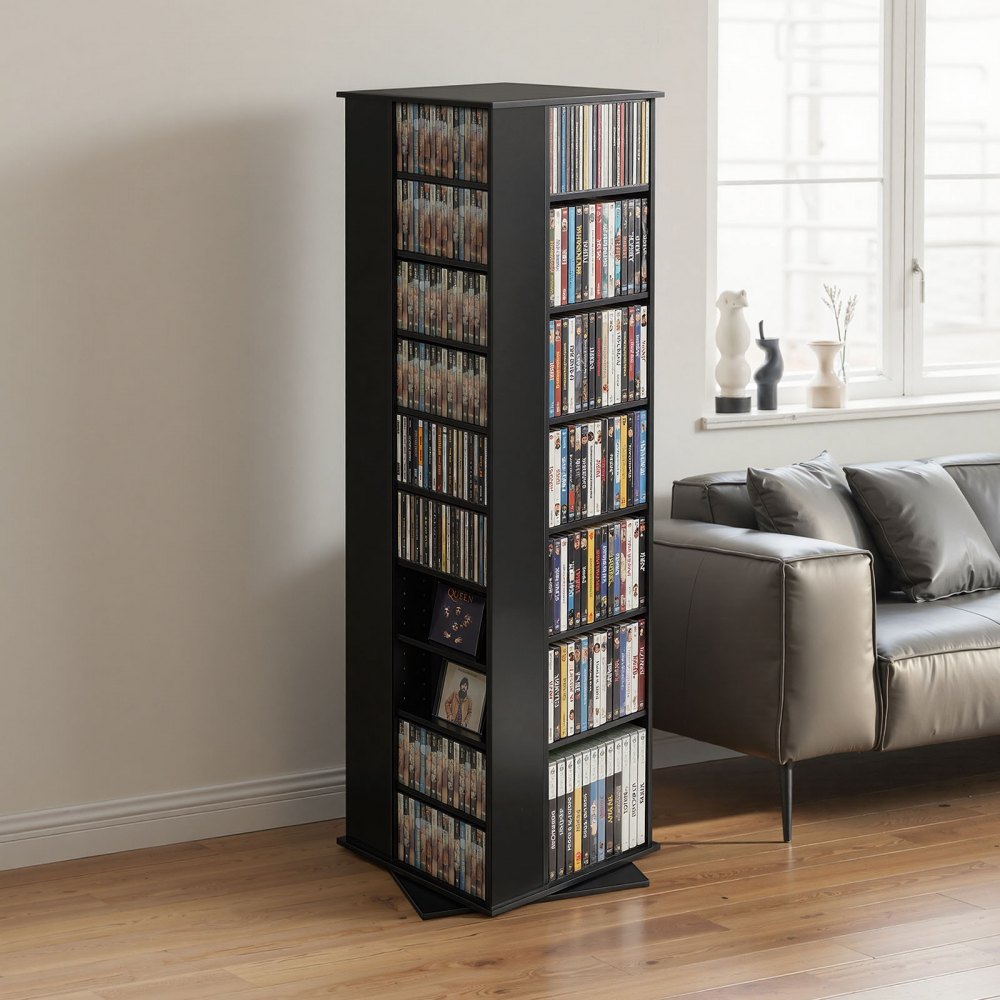 VEVOR Media Storage Cabinet, CD Rack Tower, 34 Compartments Rotating Media Tower Rack for CDs, DVDs, Books and Game Discs, DVD Stand for Living Room, Home Office and Recording Room, Black