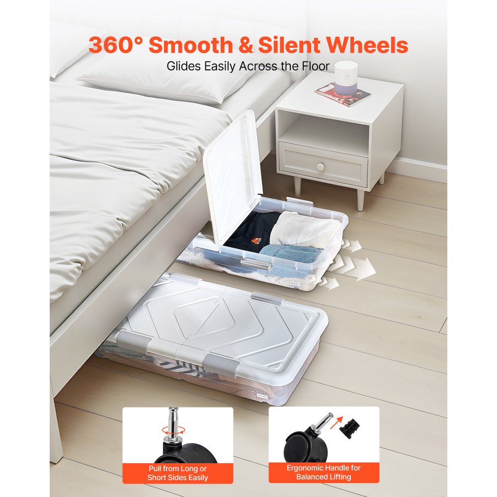 VEVOR Under Bed Storage with Wheels, 31.7 x 15.6 x 6.9 inch Underbed Containers, Underbed Shoes Organizer with Lid & Gray Latch, Rolling Under the Bed Storage Bins for Clothes Shoes Blankets, 4 Pack