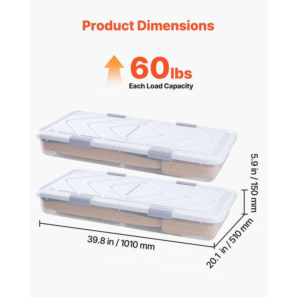 VEVOR Under Bed Storage with Wheels, 39.8 x 20.1 x 5.9 inch Underbed Containers, Underbed Shoes Organizer with Lid & Gray Latch, Rolling Under the Bed Storage Bins for Clothes Shoes Blankets, 2 Pack