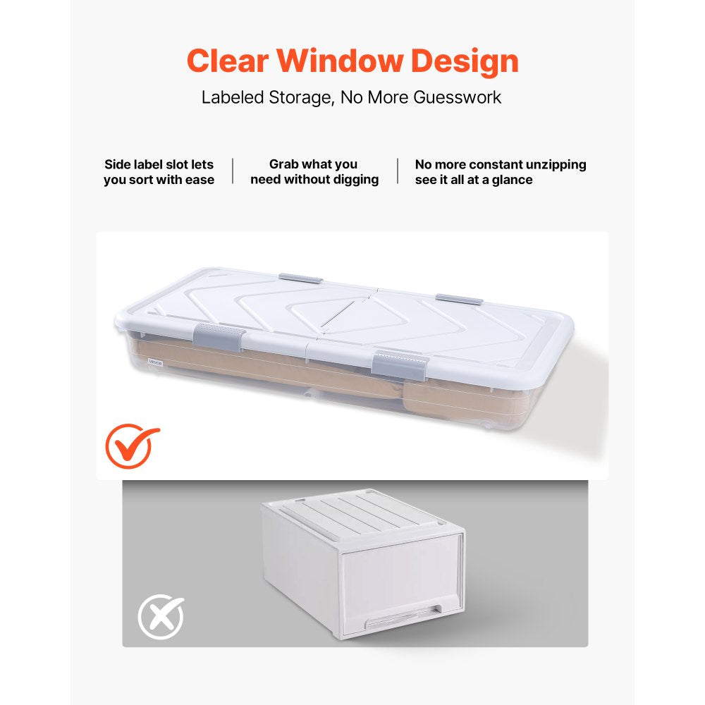 VEVOR Under Bed Storage with Wheels, 39.8 x 20.1 x 5.9 inch Underbed Containers, Underbed Shoes Organizer with Lid & Gray Latch, Rolling Under the Bed Storage Bins for Clothes Shoes Blankets, 2 Pack