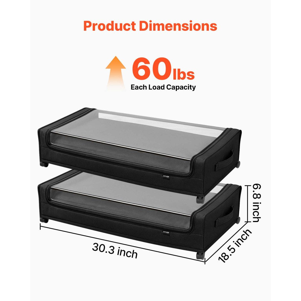 VEVOR Under Bed Storage with Wheels, 30.3 x 18.5 x 6.8 inch, Underbed Containers with Clear Lid, Underbed Shoe Organizer, Rolling Under the Bed Storage Bins for Clothes Shoes Blankets Bedroom, 2 Pack