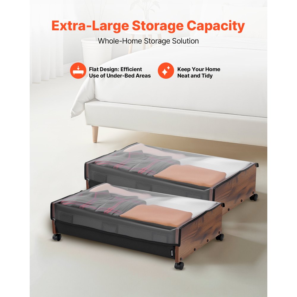 VEVOR Under Bed Storage with Wheels, 25.6 x 18.1 x 7.1 inch Underbed Containers, Underbed Shoes Organizer with Lockable Wheels, Rolling Under the Bed Storage Bins for Clothes, Shoes, Blankets, 2 Pack