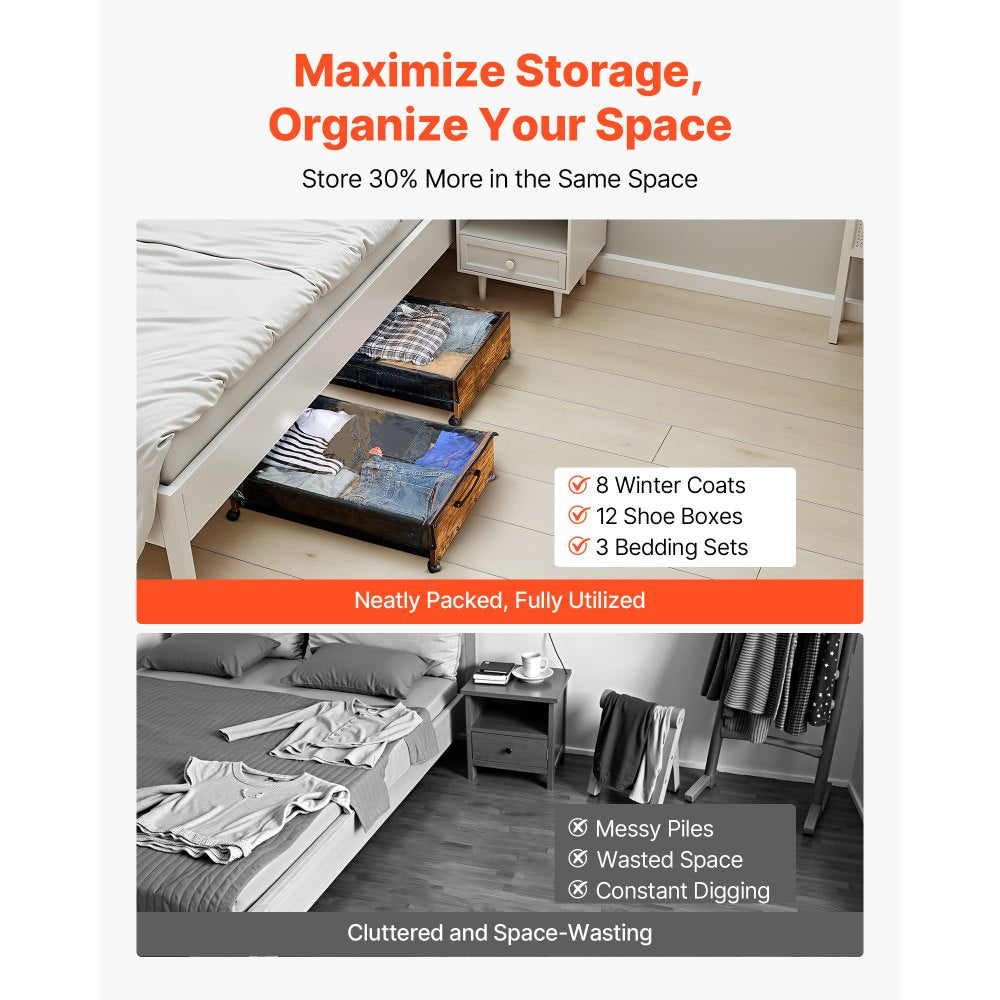 VEVOR Under Bed Storage with Wheels, 25.6 x 18.1 x 7.1 inch Underbed Containers, Underbed Shoes Organizer with Lockable Wheels, Rolling Under the Bed Storage Bins for Clothes, Shoes, Blankets, 2 Pack