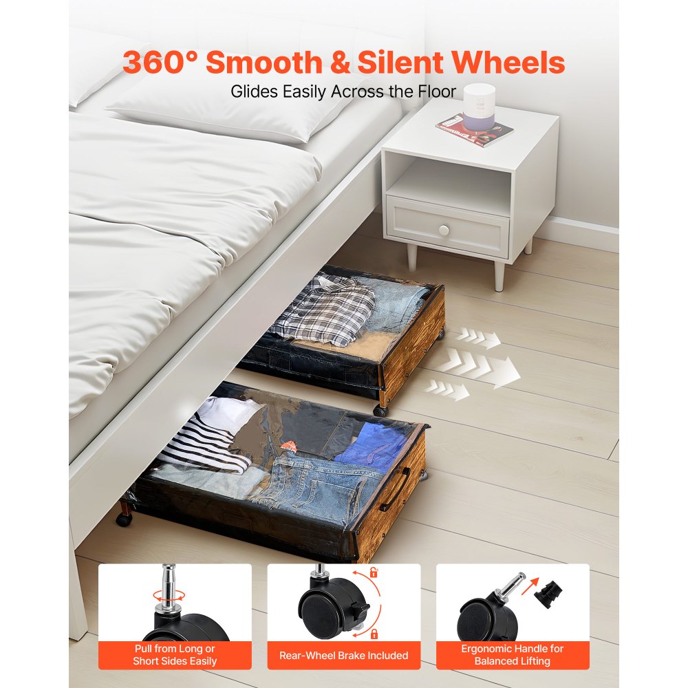 VEVOR Under Bed Storage with Wheels, 25.6 x 18.1 x 7.1 inch Underbed Containers, Underbed Shoes Organizer with Lockable Wheels, Rolling Under the Bed Storage Bins for Clothes, Shoes, Blankets, 2 Pack