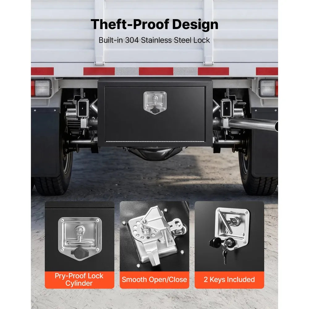 VEVOR Underbody Truck Tool Box, 24 x 12 x 14 Inch Heavy Duty Steel Trailer Storage Box with Lock & Keys, Waterproof Trailer Storage Organizer Under Body Chest with T-Handle for Truck, Van, SUV, Black
