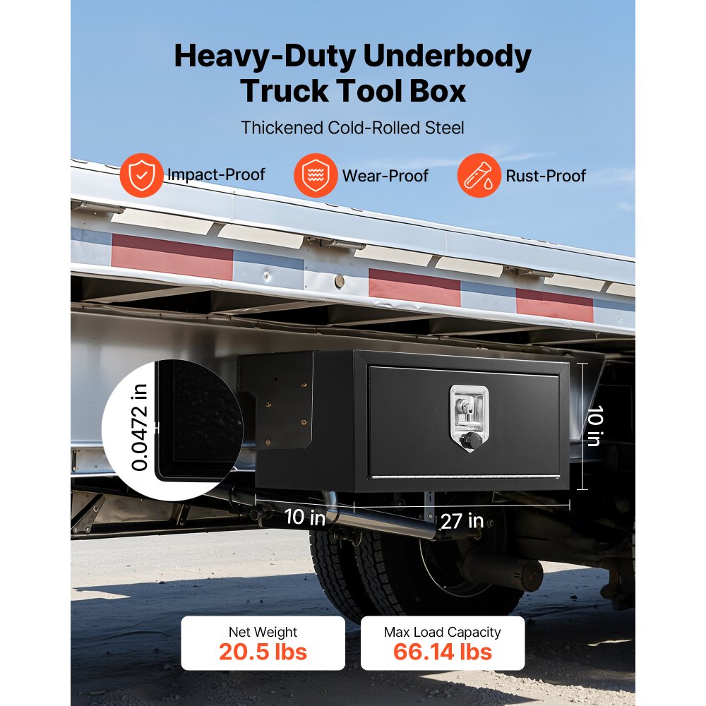 VEVOR Underbody Truck Tool Box, 27 x 10 x 10 Inch Heavy Duty Steel Trailer Storage Box with Lock & Keys, Waterproof Trailer Storage Organizer Under Body Chest with T-Handle for Truck, Van, SUV, Black