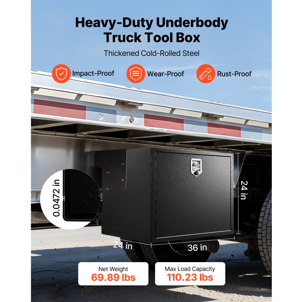 VEVOR Underbody Truck Tool Box, 36 x 24 x 24 Inch Heavy Duty Steel Trailer Storage Box with Lock & Keys, Waterproof Trailer Storage Organizer Under Body Chest with T-Handle for Truck, Van, SUV, Black