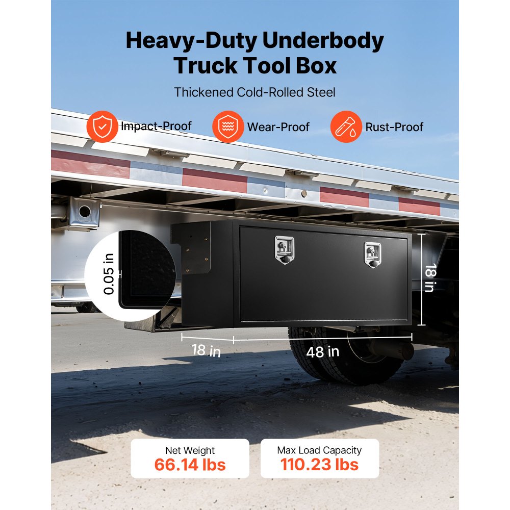 VEVOR Underbody Truck Tool Box, 48 x 18 x 18 Inch Heavy Duty Steel Trailer Storage Box with Lock & Keys, Waterproof Trailer Storage Organizer Under Body Chest with T-Handle for Truck, Van, SUV, Black