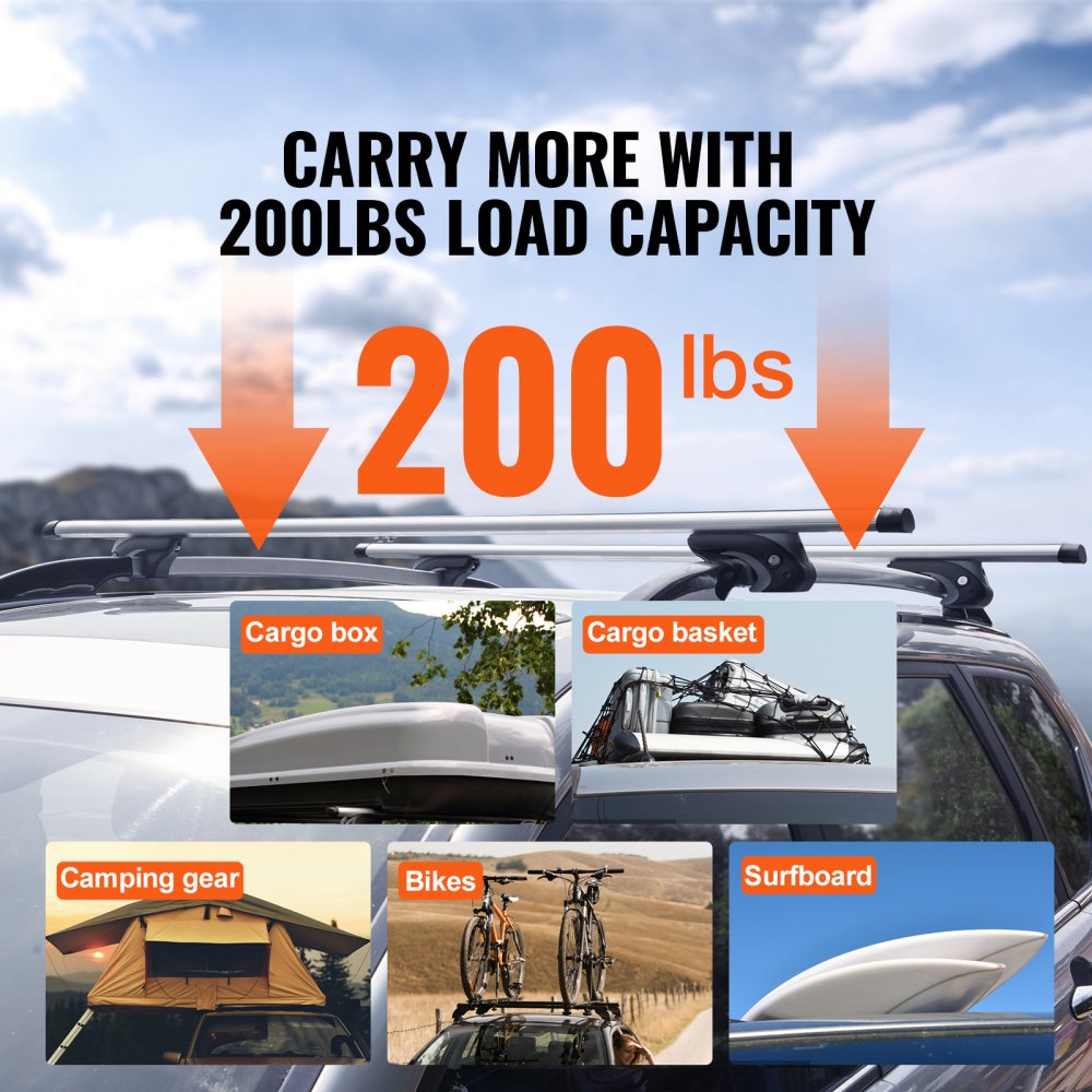 VEVOR Roof Rack Cross Bars, Aluminum Roof Rack Crossbars, Fit Raised Side Rail with Gap, 200 lbs Load Capacity, Adjustable Crossbars with Locks, for SUVs, Sedans, and Vans