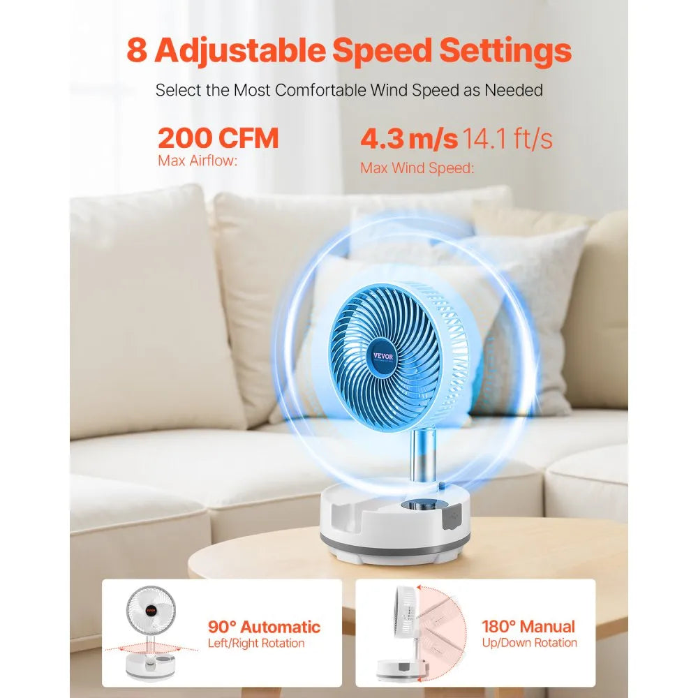VEVOR 8 inch Portable Foldable Rechargeable Oscillating Fan, 3-in-1 Battery Operated with Remote Control, Quiet Desk/Table Pedestal Fan, 8 Speeds,90-degree Auto Left/Right Rotation,for Home,Office,Outdoor