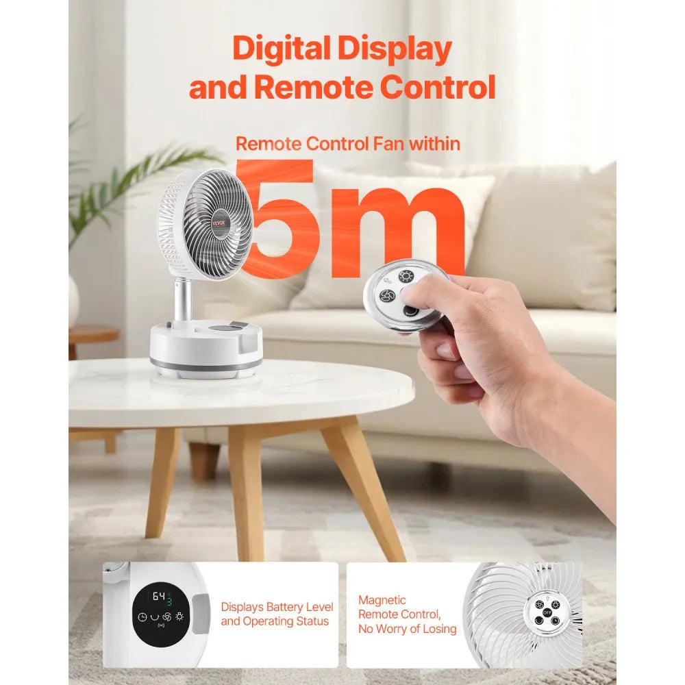 VEVOR 8 inch Portable Foldable Rechargeable Oscillating Fan, 3-in-1 Battery Operated with Remote Control, Quiet Desk/Table Pedestal Fan, 8 Speeds,90-degree Auto Left/Right Rotation,for Home,Office,Outdoor