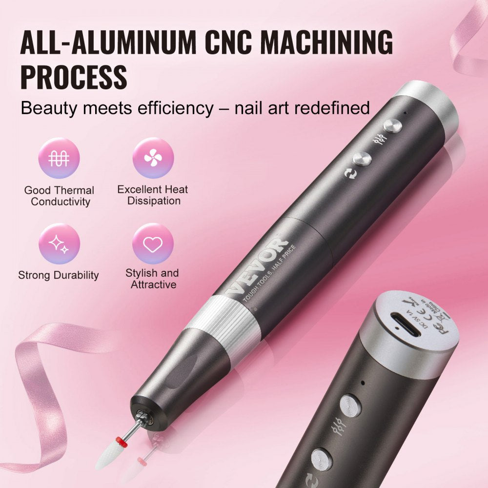 VEVOR Electric Cordless Nail Drill, 30,000RPM Variable-Speed Rechargeable Nail E File Machine, Portable Manicure Pedicure Polisher with 50PCS Sanding Bands for Dead Skin Removal, Nail Surface Smooth