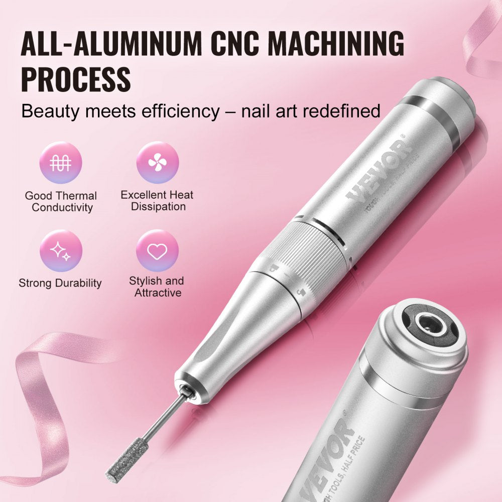 VEVOR Electric Rechargeable Nail Drill, 40,000RPM Portable Cordless Nail E File Machine, LCD-Display Acrylic Gel Grinder Tool with 6 Bits and 50PCS Sanding Bands for Manicure Pedicure Carve Polish