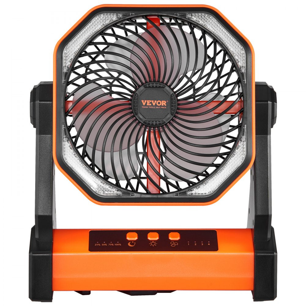 VEVOR 8 inch Rechargeable Camping Fan, Battery Operated with Light & Charging, 4 Speed Portable Outdoor Desktop Fan, 270-degree Manual Tilt for Tent, RV, Car, Travel, Jobsite & Hurricane Power Outages