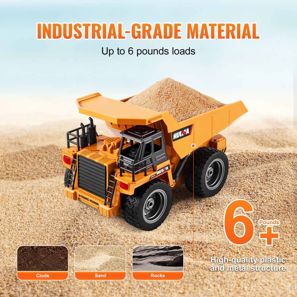 VEVOR RC Dump Truck Toy, 9-Channel 1:18 Scale, Remote Control Dump Truck RC Construction Vehicle Truck Toy with Metal Cabin & Light, 2 Rechargeable Batteries for Toddlers Kids Boys and Girls Age 8+