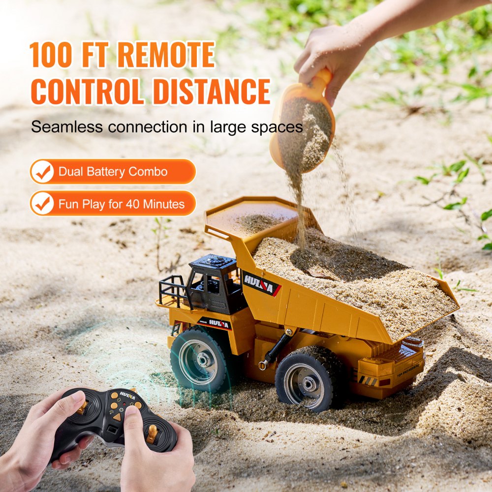 VEVOR RC Dump Truck Toy, 9-Channel 1:18 Scale, Remote Control Dump Truck RC Construction Vehicle Truck Toy with Metal Cabin & Light, 2 Rechargeable Batteries for Toddlers Kids Boys and Girls Age 8+