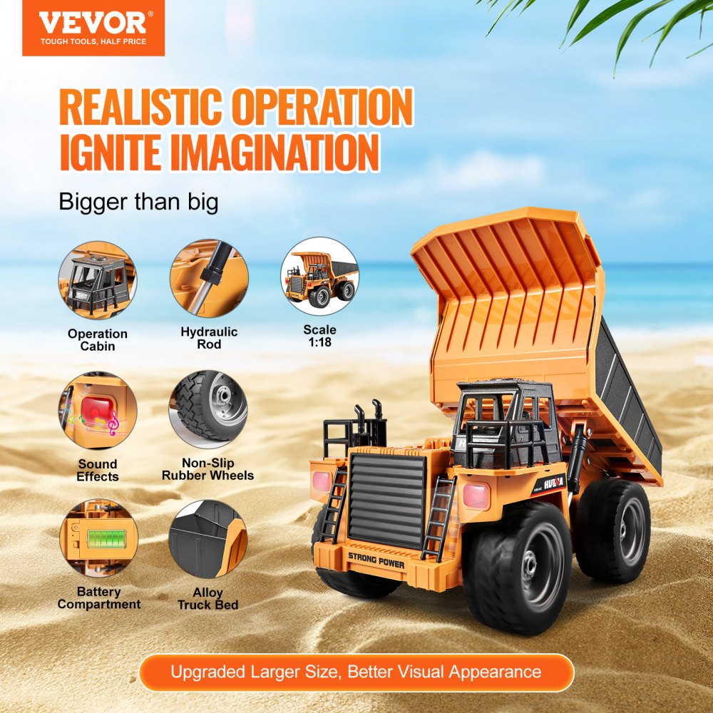VEVOR RC Dump Truck Toy, 9-Channel 1:18 Scale, Remote Control Dump Truck RC Construction Vehicle Truck Toy with Metal Bed & Light, 2 Rechargeable Batteries for Toddlers Kids Boys and Girls Age 8+