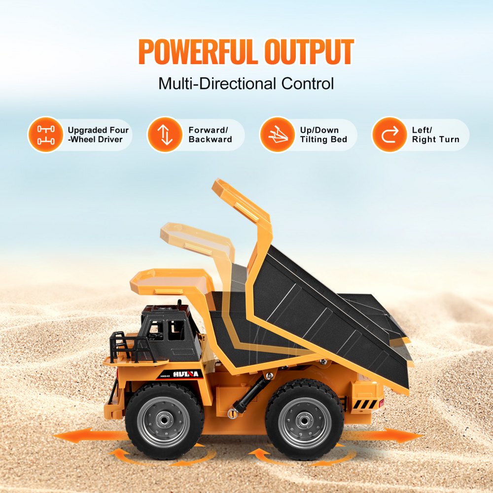 VEVOR RC Dump Truck Toy, 9-Channel 1:18 Scale, Remote Control Dump Truck RC Construction Vehicle Truck Toy with Metal Bed & Light, 2 Rechargeable Batteries for Toddlers Kids Boys and Girls Age 8+