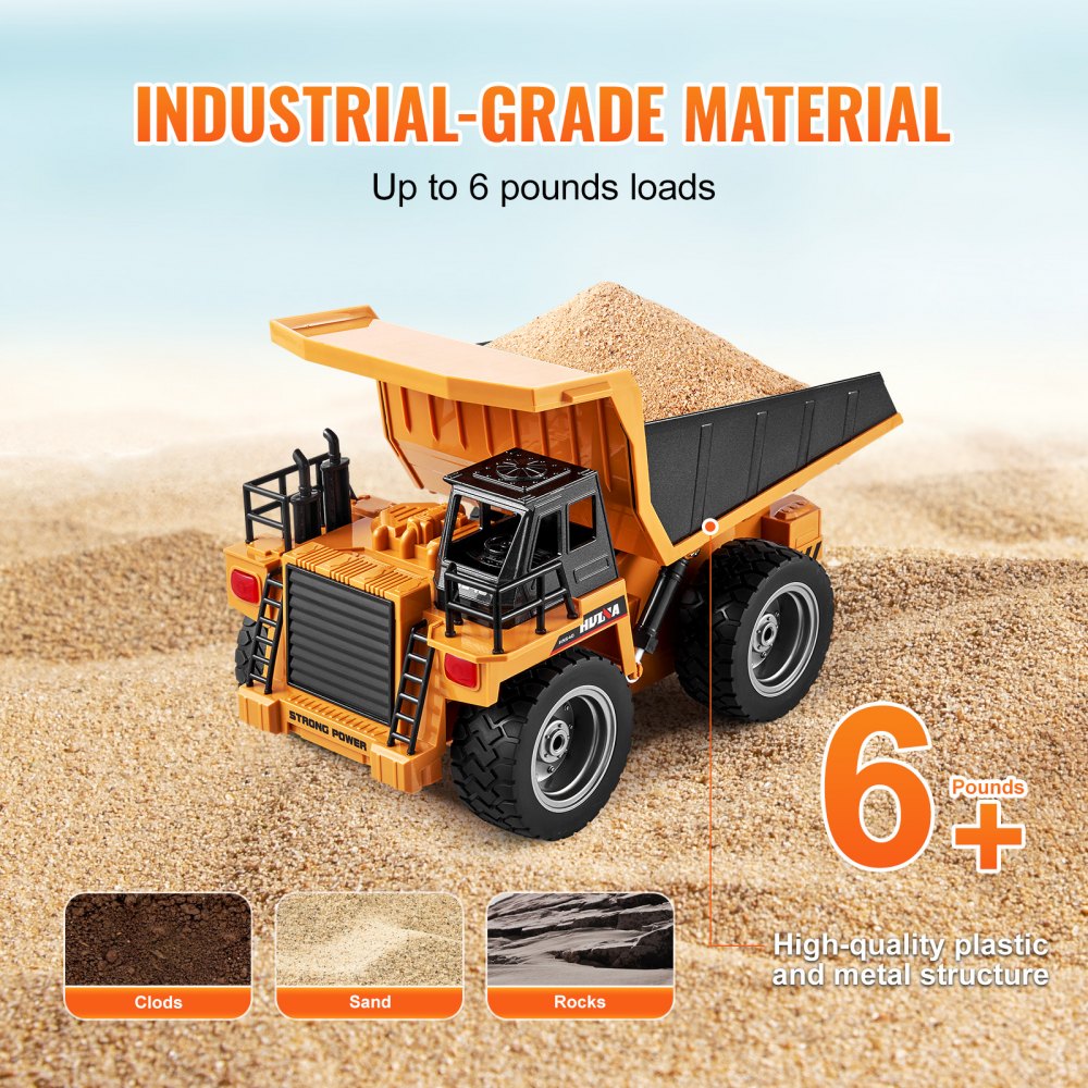 VEVOR RC Dump Truck Toy, 9-Channel 1:18 Scale, Remote Control Dump Truck RC Construction Vehicle Truck Toy with Metal Bed & Light, 2 Rechargeable Batteries for Toddlers Kids Boys and Girls Age 8+