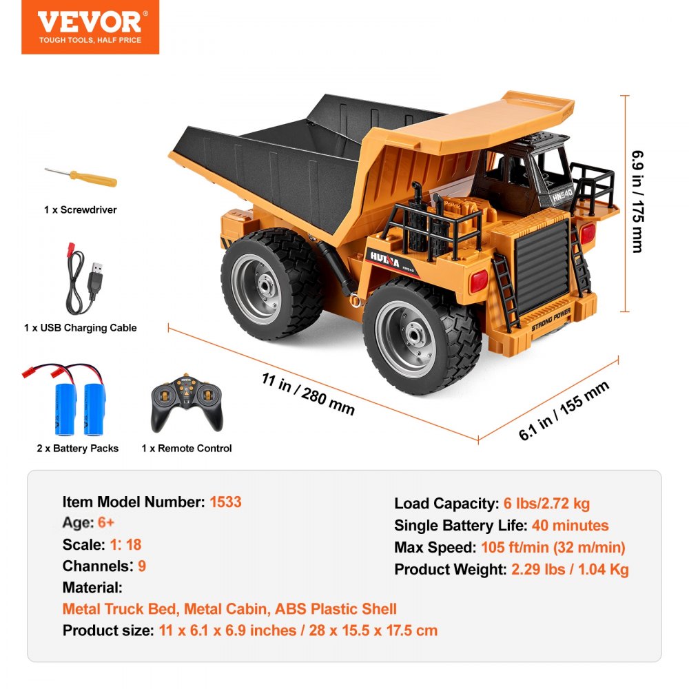 VEVOR RC Dump Truck Toy, 9-Channel 1:18 Scale, Remote Control Dump Truck RC Construction Vehicle Truck Toy with Metal Bed & Light, 2 Rechargeable Batteries for Toddlers Kids Boys and Girls Age 8+