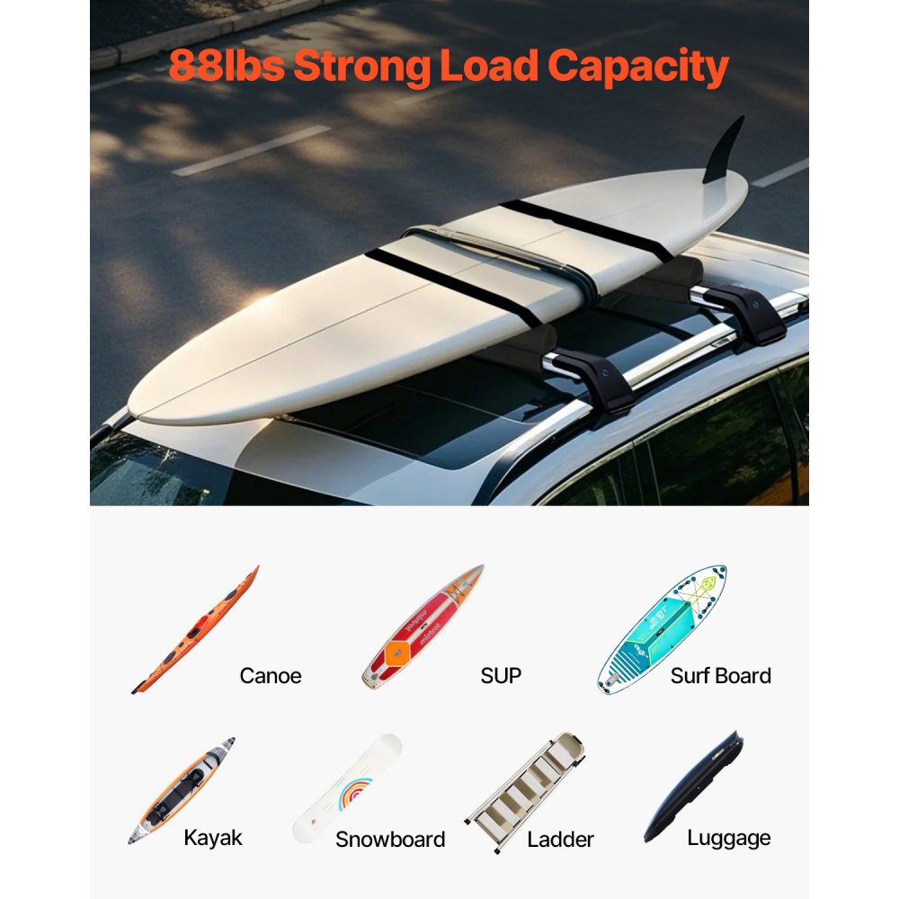 VEVOR Soft Roof Rack Pads, 28" Universal Car Roof Rack Pads for Various Crossbars, 88LBS Load Capacity Luggage Kayak Carrier with 2 Tie Down Straps & Velcros for SUPs Canoes Snowboards Paddle Boards