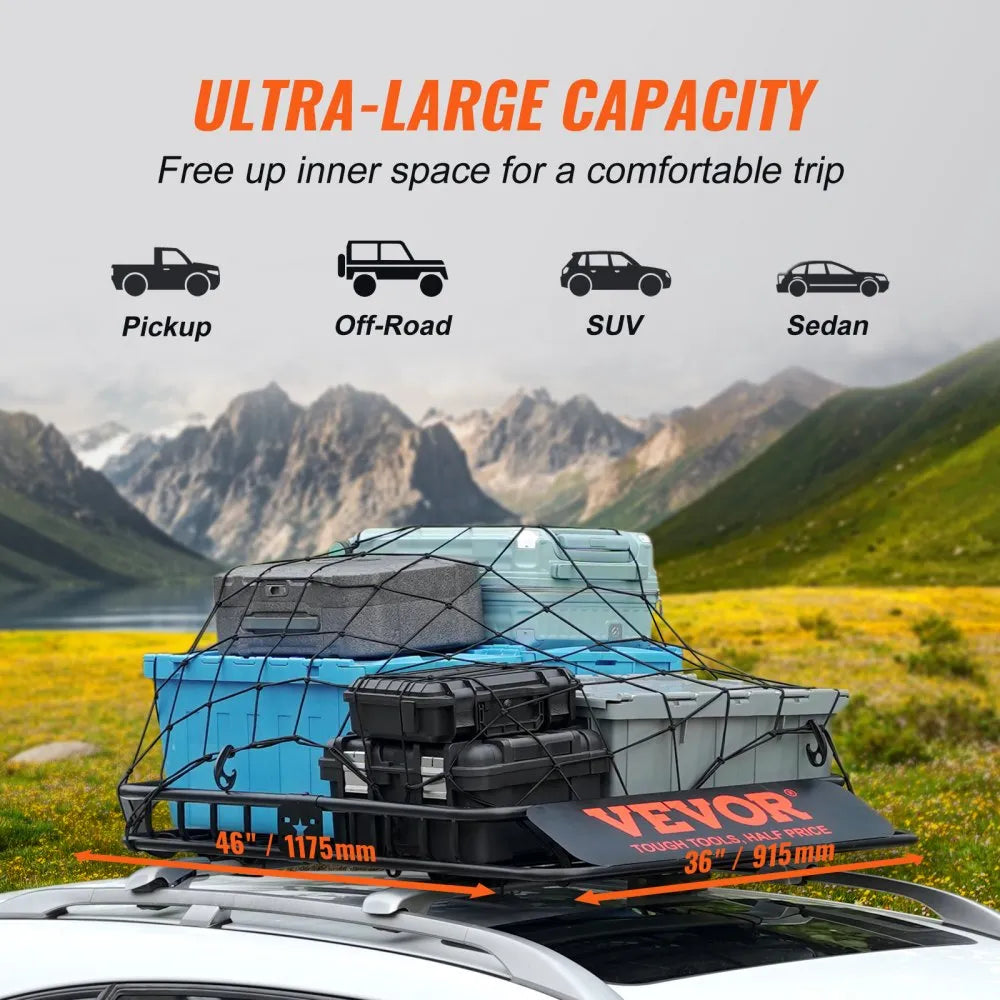 VEVOR Roof Rack Cargo Basket, 46" x 36" x 4.5" Rooftop Cargo Carrier, Heavy-duty 200 LBS Capacity Universal Roof Rack Basket, Luggage Holder for SUV, Truck, Vehicle