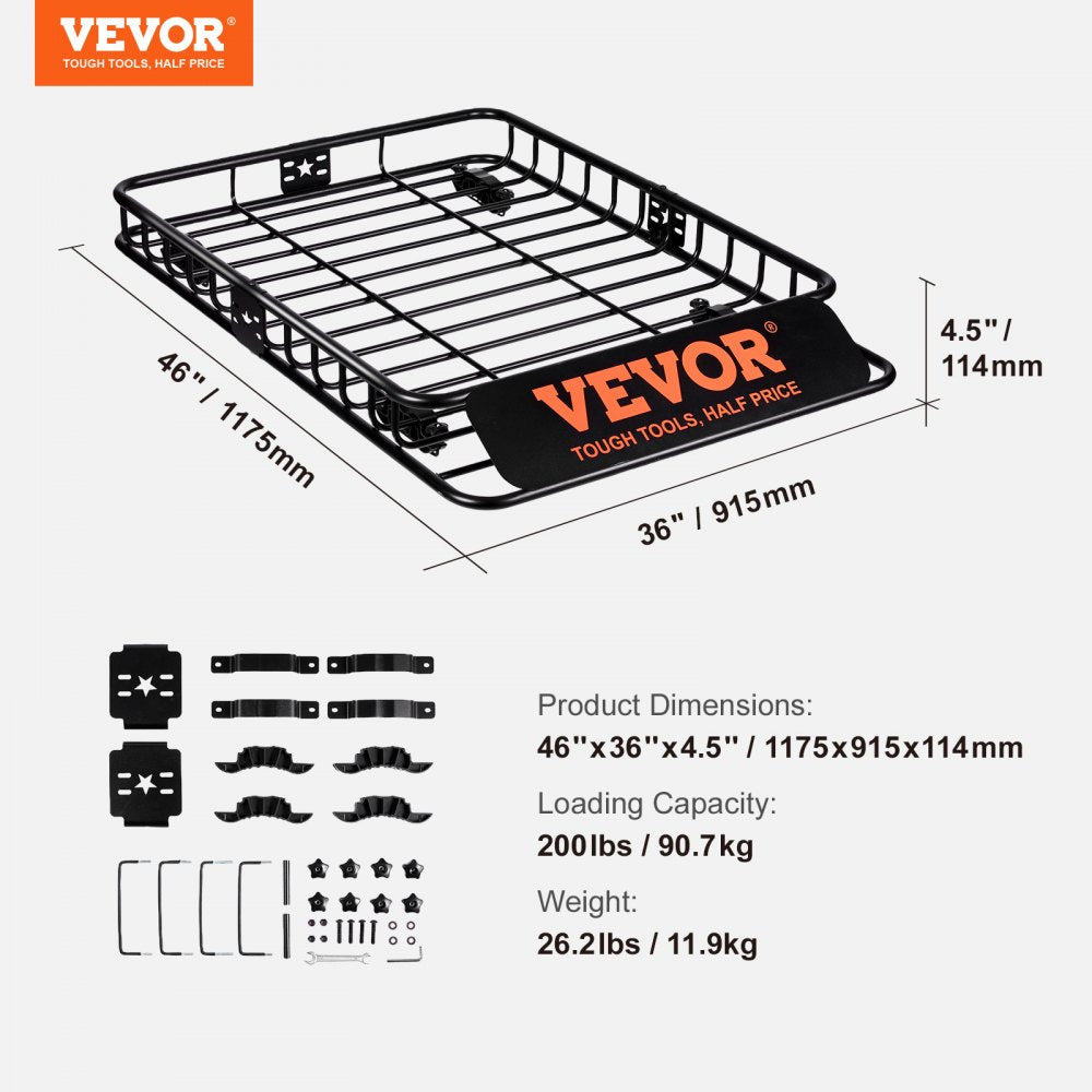 VEVOR Roof Rack Cargo Basket, 46" x 36" x 4.5" Rooftop Cargo Carrier, Heavy-duty 200 LBS Capacity Universal Roof Rack Basket, Luggage Holder for SUV, Truck, Vehicle