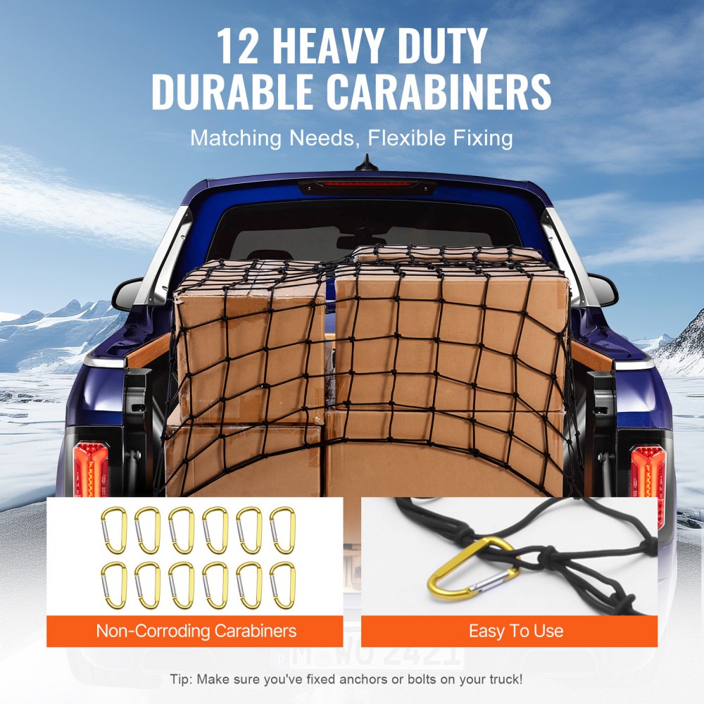 VEVOR Cargo Net, 72 in x 48 in, Heavy Duty Bungee Cargo Netting with 12 Carabiners, 4' x 6' Stretches to 7.2' x 10.8', Wear-resistant & Weather-proof, Suitable for Pickup, Truck, Jeep, SUV, Trailer