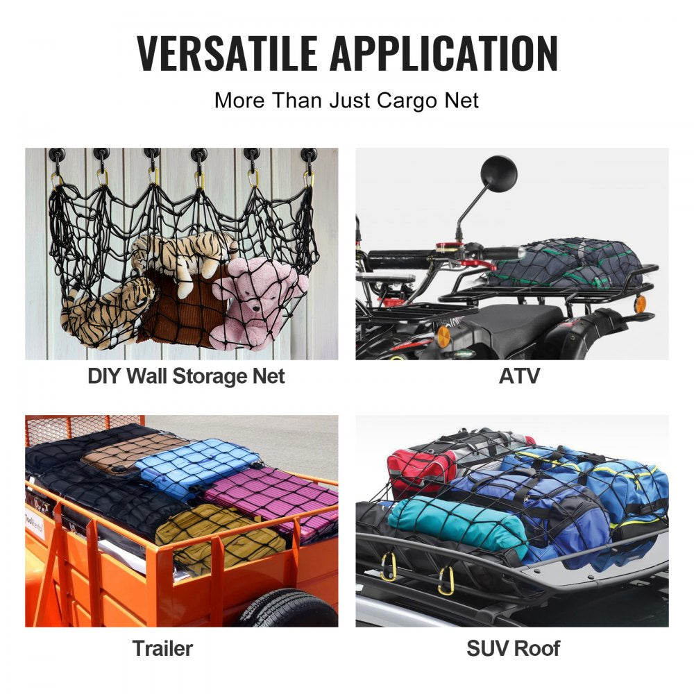 VEVOR Cargo Net, 72 in x 48 in, Heavy Duty Bungee Cargo Netting with 12 Carabiners, 4' x 6' Stretches to 7.2' x 10.8', Wear-resistant & Weather-proof, Suitable for Pickup, Truck, Jeep, SUV, Trailer