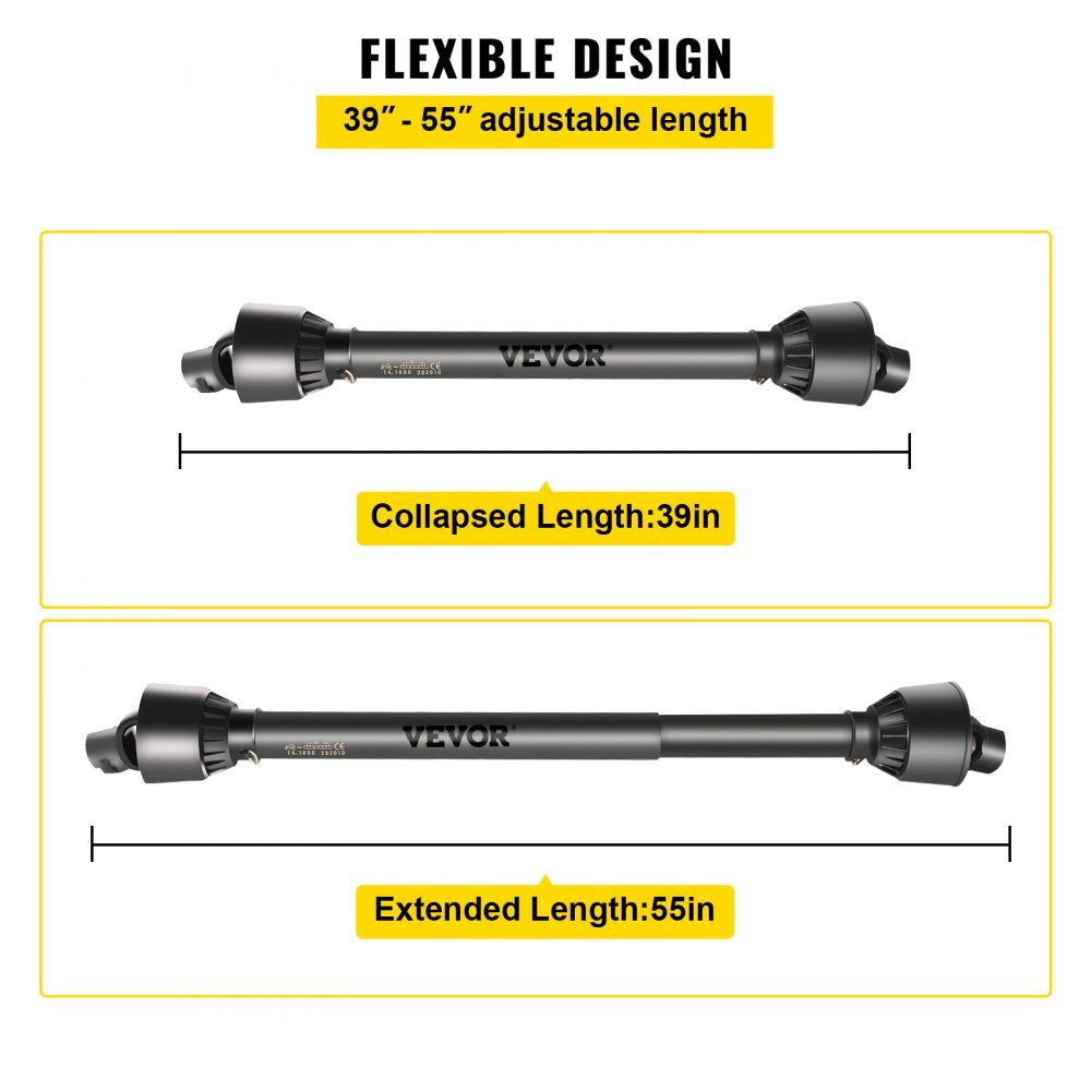 VEVOR PTO Shaft 1 3/8\" PTO Drive Shaft, 6 Spline End Round End PTO Driveline Shaft, Series 4 Tractor PTO Shaft, 39\"-55\" Brush Hog PTO Shaft, Black PTO Shaft for Bush Hog/Finish Mower/Rotary Cutter