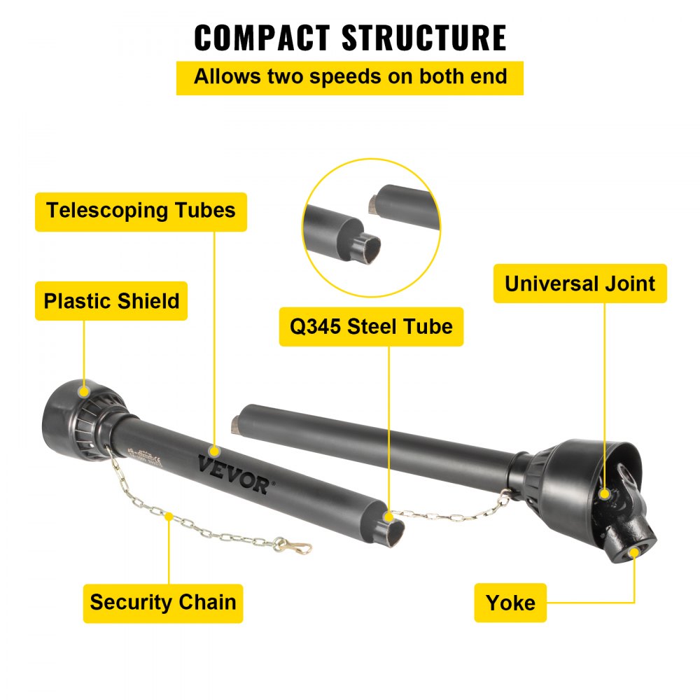VEVOR PTO Shaft, 1-3/8\" PTO Drive Shaft, 6 Spline Tractor, Round Implement Ends PTO Driveline Shaft, Series 4 Tractor PTO Shaft, 43\"-61\" Brush Hog PTO Shaft Black, for Finish Mower, Rotary Cutter