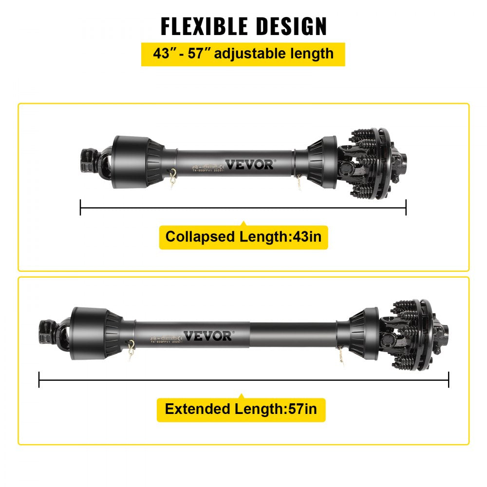 VEVOR PTO Shaft, 1-3/8\" PTO Drive Shaft, 6 Spline Both Ends PTO Driveline Shaft, Series 5 Tractor PTO Shaft, 43\"-57\" Brush Hog PTO Shaft, Black PTO Shaft with Slip Clutch for Bush Hog/Finish Mower