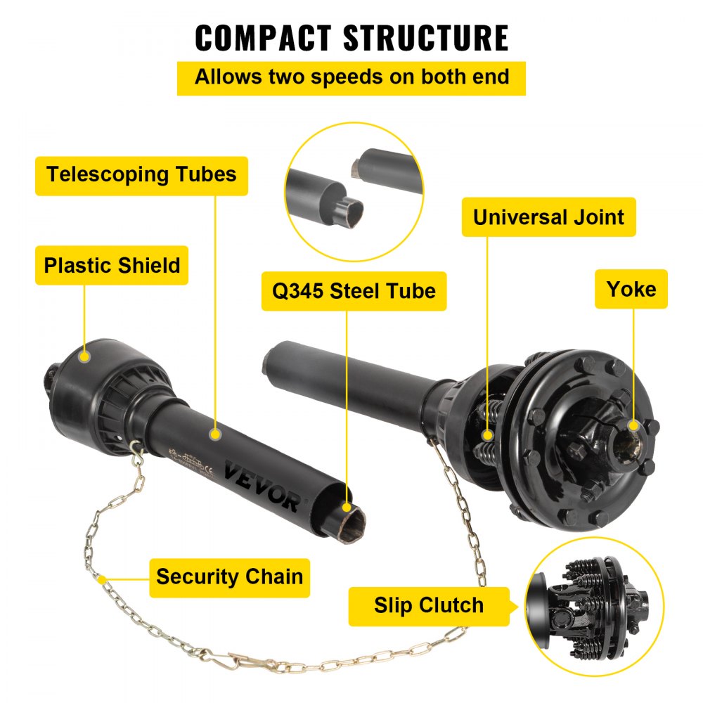 VEVOR PTO Shaft, 1-3/8\" PTO Drive Shaft, 6 Spline Both Ends PTO Driveline Shaft, Series 5 Tractor PTO Shaft, 43\"-57\" Brush Hog PTO Shaft, Black PTO Shaft with Slip Clutch for Bush Hog/Finish Mower