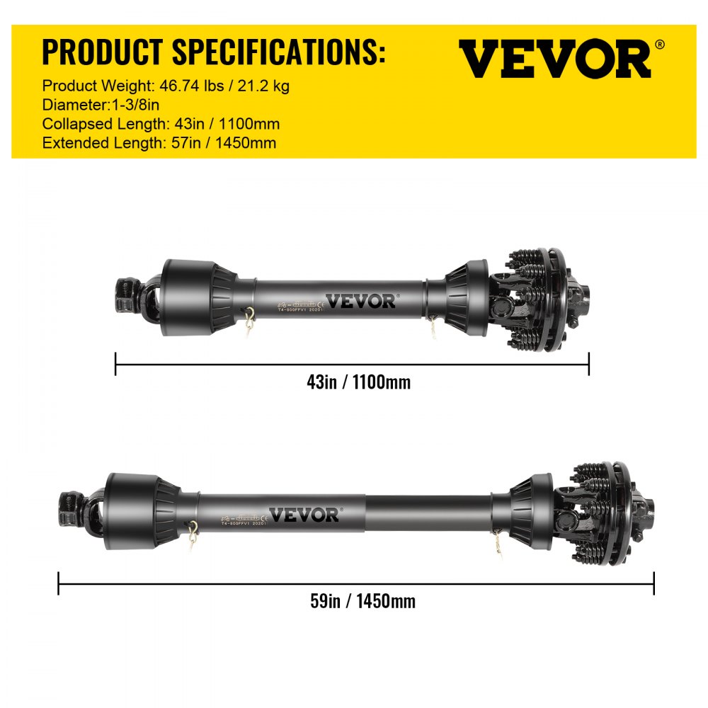 VEVOR PTO Shaft, 1-3/8\" PTO Drive Shaft, 6 Spline Both Ends PTO Driveline Shaft, Series 5 Tractor PTO Shaft, 43\"-57\" Brush Hog PTO Shaft, Black PTO Shaft with Slip Clutch for Bush Hog/Finish Mower