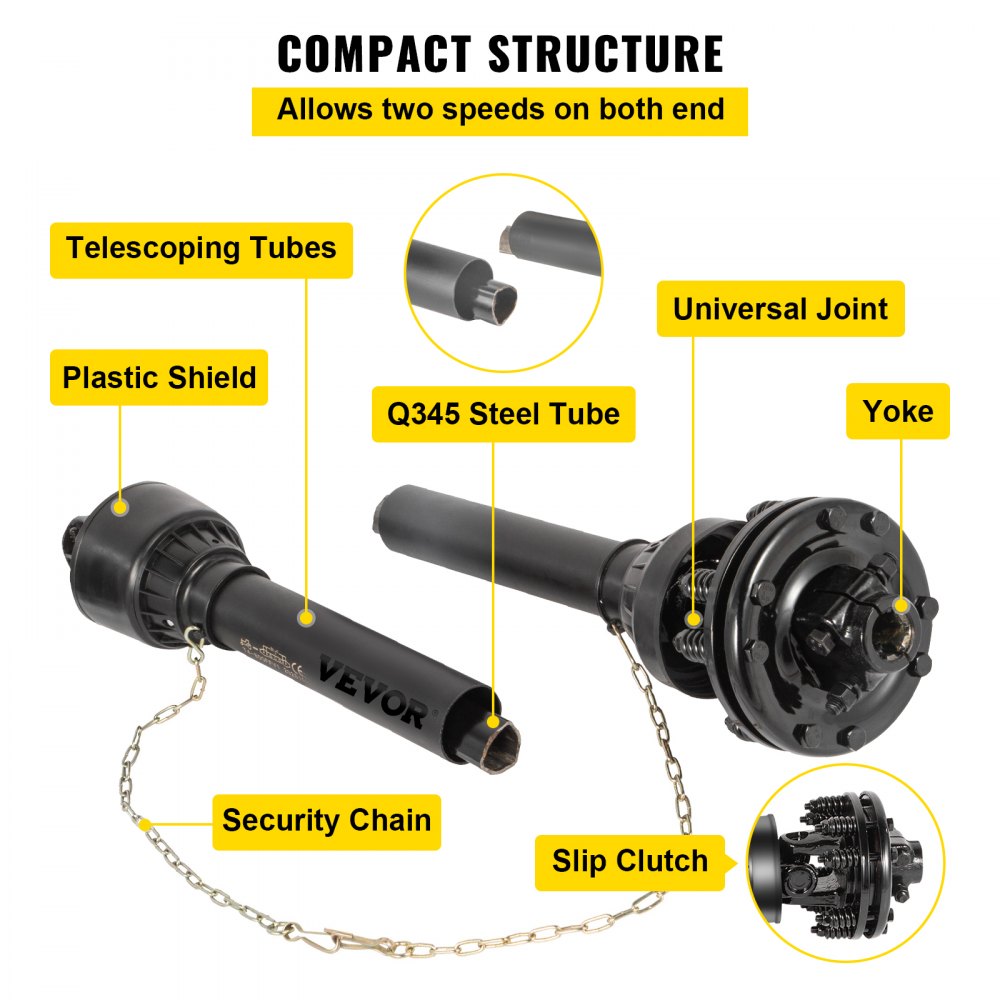VEVOR PTO Shaft, 1-3/8” PTO Drive Shaft, 6 Spline Both Ends PTO Driveline Shaft, Series 6 Tractor PTO Shaft, 47”-67” Brush Hog PTO Shaft, Black PTO Shaft with Slip Clutch for Bush Hog/Finish Mower