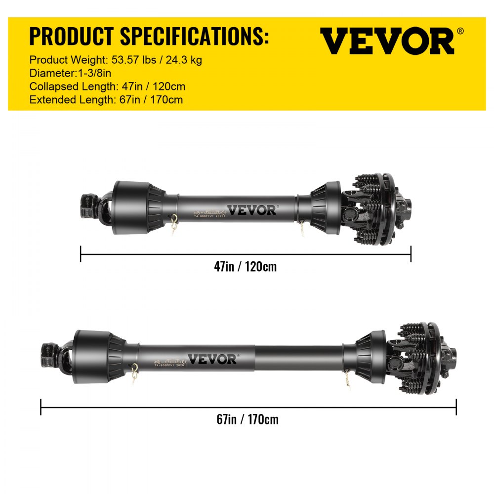 VEVOR PTO Shaft, 1-3/8” PTO Drive Shaft, 6 Spline Both Ends PTO Driveline Shaft, Series 6 Tractor PTO Shaft, 47”-67” Brush Hog PTO Shaft, Black PTO Shaft with Slip Clutch for Bush Hog/Finish Mower