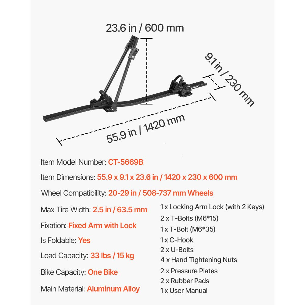 VEVOR Roof Bike Rack, 33 lbs Capacity, Upright Roof Mount Bicycle Rack with Secure Locking System for Most Standard Crossbars, Aluminum Upright Rooftop Bike Rack 1 Bike Carrier for Car SUV, Black