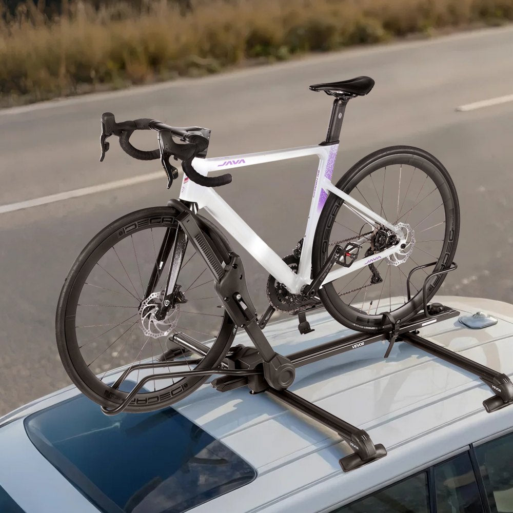 VEVOR Roof Bike Rack, 33 lbs Capacity, Foldable Upright Roof Mount Bicycle Rack with Locking Systems & Adjustable Arm for T-Slot Crossbars, Upright Rooftop Bike Rack 1 Bike Carrier for Car SUV, Black