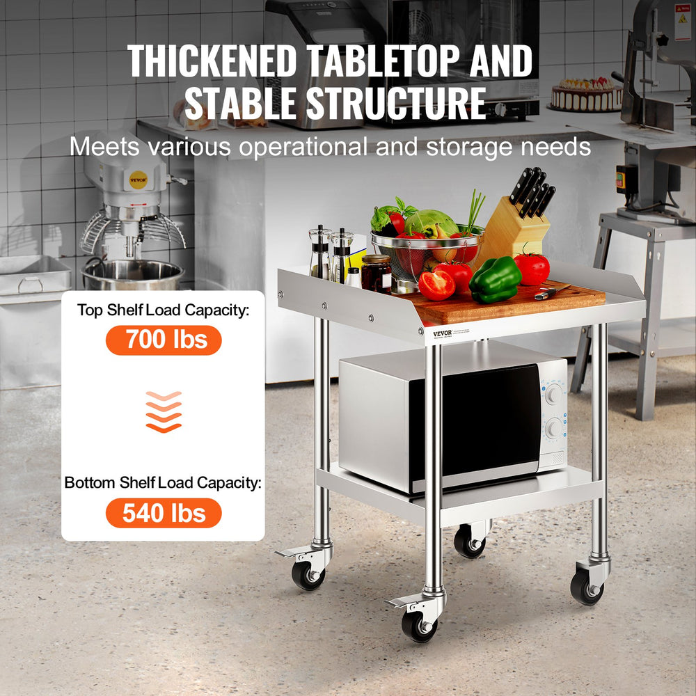 VEVOR Stainless Steel Work Table, 24 x 24 x 30 Inch Commercial Food Prep Worktable with 4 Wheels, Casters, 3-Sided Backsplash Heavy Duty Prep Worktable, Metal Work Table for Restaurant Home Hotel